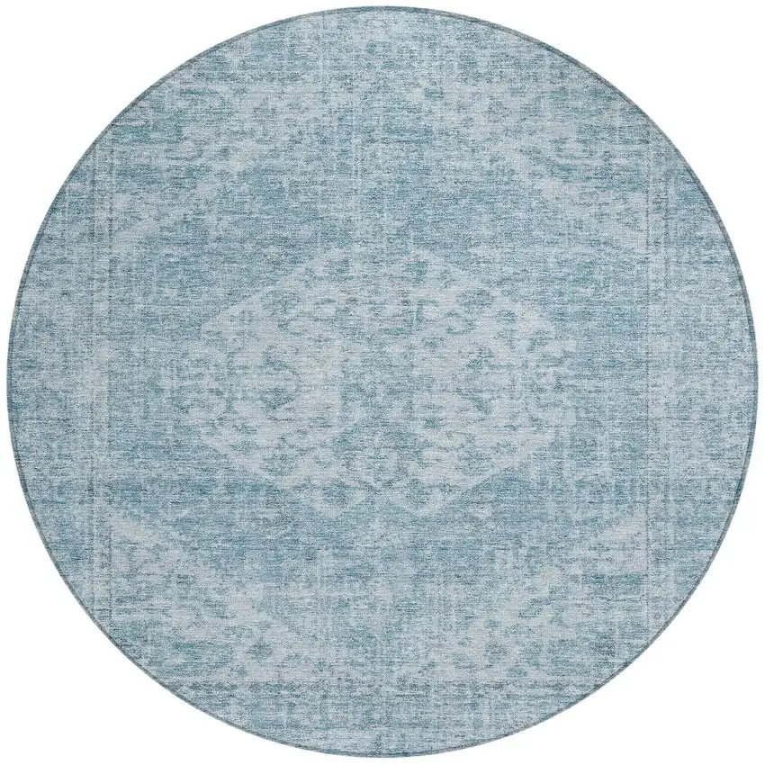 8' Sky Blue And Ivory Round Oriental Washable Indoor Outdoor Area Rug Photo 5