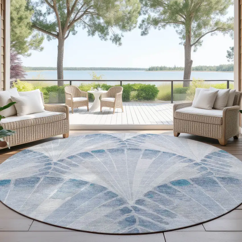 8' Sky Blue And Ivory Round Seashell Washable Indoor Outdoor Area Rug Photo 4