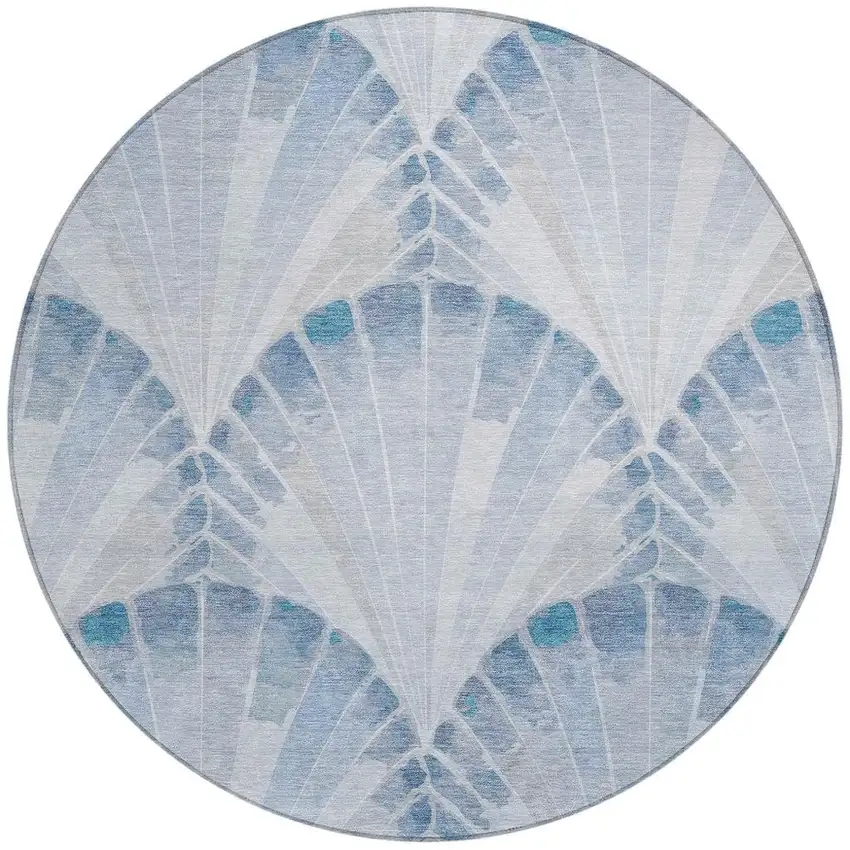 8' Sky Blue And Ivory Round Seashell Washable Indoor Outdoor Area Rug Photo 3