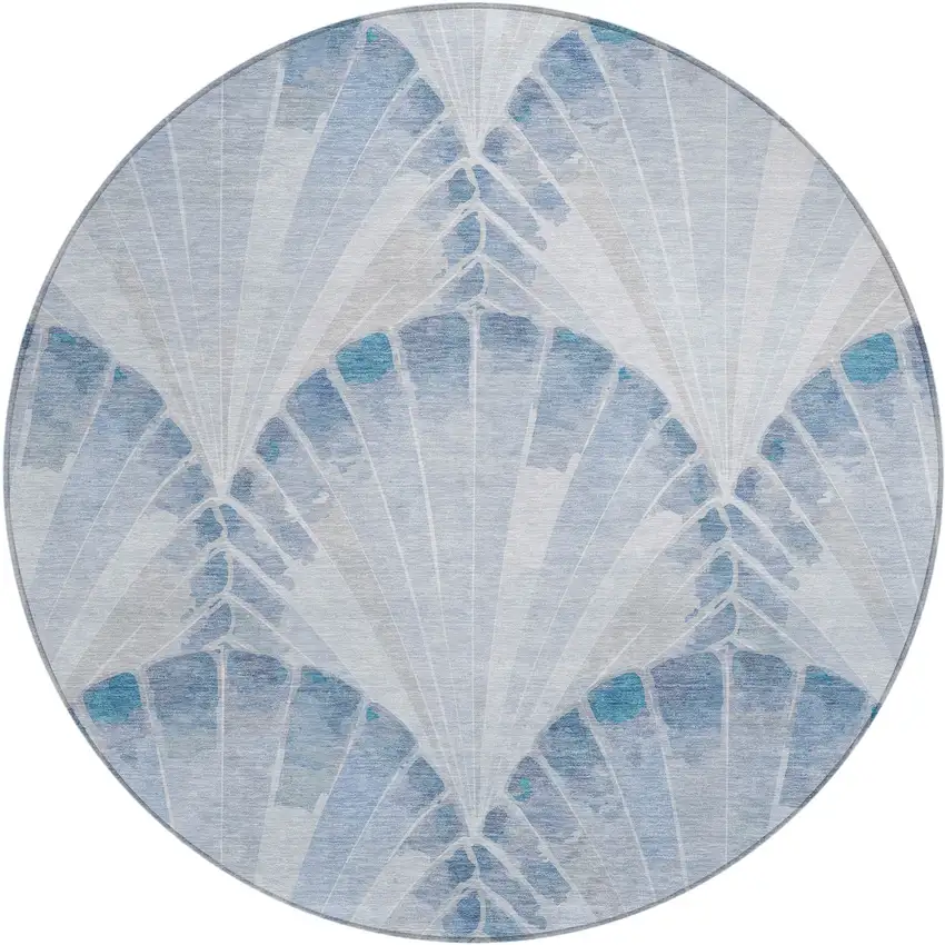 8' Sky Blue And Ivory Round Seashell Washable Indoor Outdoor Area Rug Photo 1