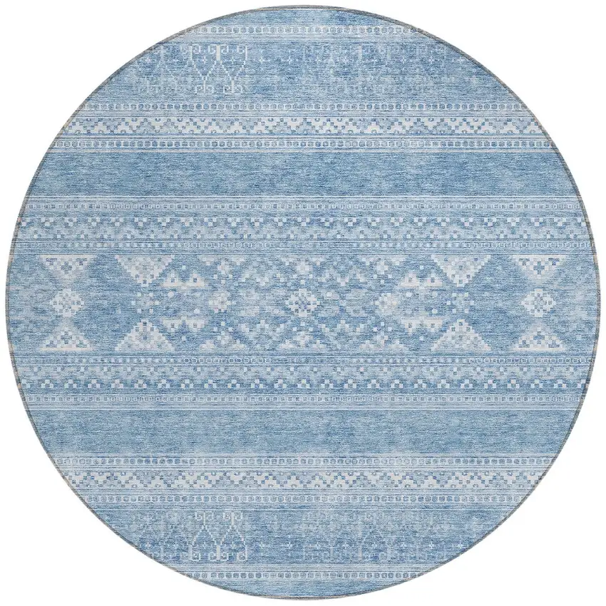 8' Sky Blue And Ivory Round Southwestern Washable Indoor Outdoor Area Rug Photo 5