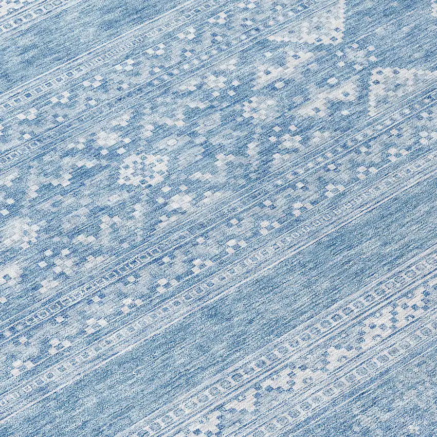 8' Sky Blue And Ivory Round Southwestern Washable Indoor Outdoor Area Rug Photo 9