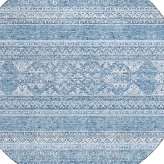 8' Sky Blue And Ivory Round Southwestern Washable Indoor Outdoor Area Rug Photo 4