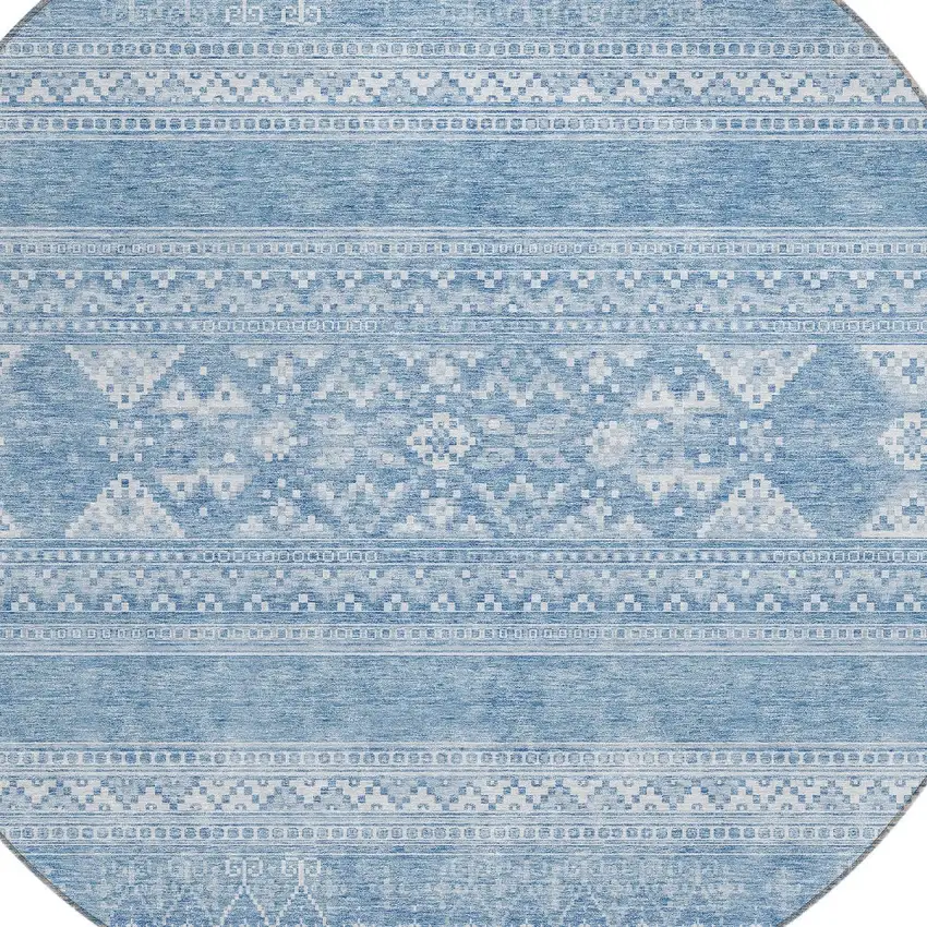 8' Sky Blue And Ivory Round Southwestern Washable Indoor Outdoor Area Rug Photo 4