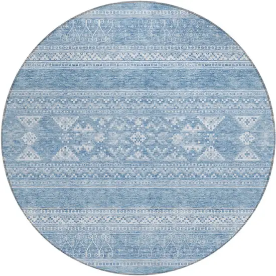 8' Sky Blue And Ivory Round Southwestern Washable Indoor Outdoor Area Rug Photo 1