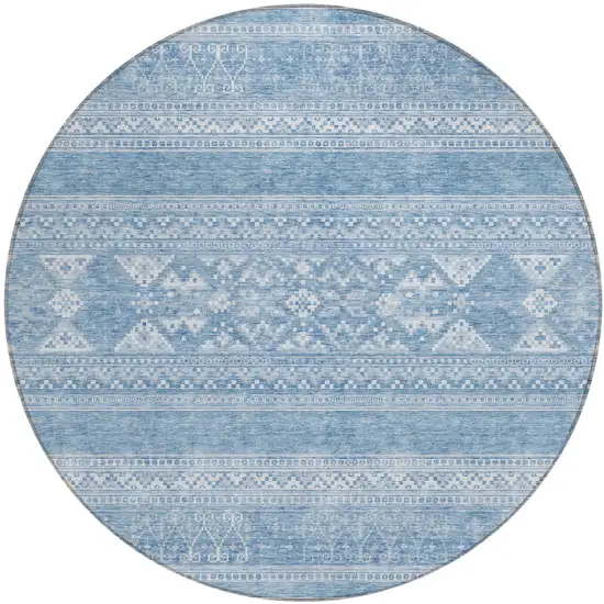 8' Sky Blue And Ivory Round Southwestern Washable Indoor Outdoor Area Rug Photo 1