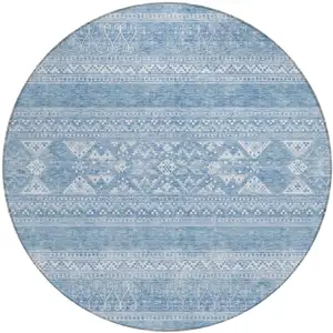 Photo of 8' Sky Blue And Ivory Round Southwestern Washable Indoor Outdoor Area Rug