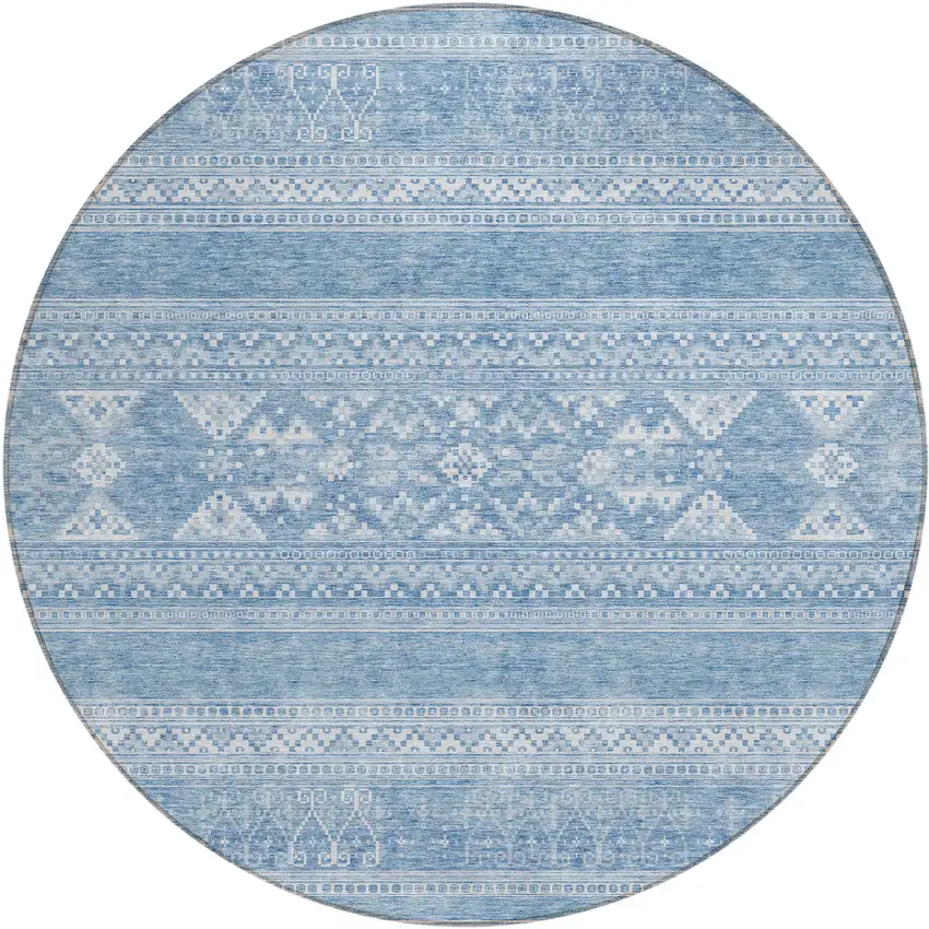 8' Sky Blue And Ivory Round Southwestern Washable Indoor Outdoor Area Rug Photo 1