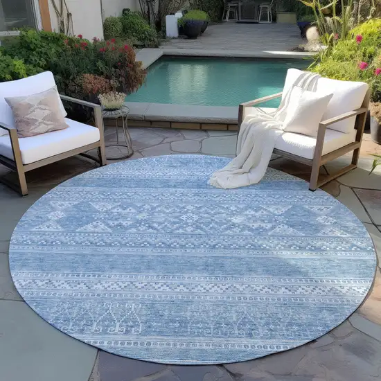 8' Sky Blue And Ivory Round Southwestern Washable Indoor Outdoor Area Rug Photo 6