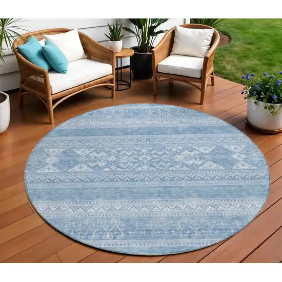 8' Sky Blue And Ivory Round Southwestern Washable Indoor Outdoor Area Rug Photo 1