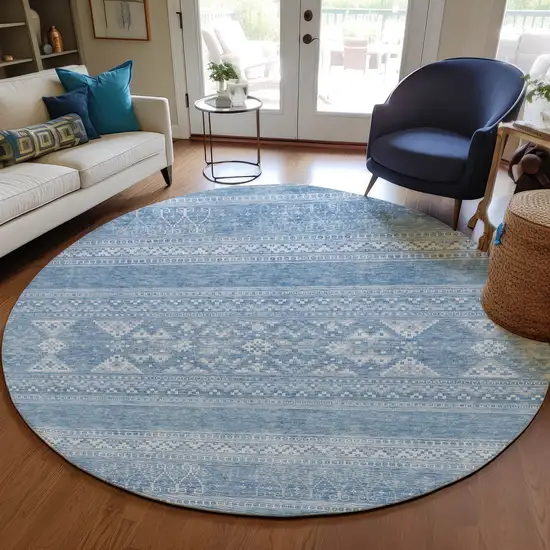 8' Sky Blue And Ivory Round Southwestern Washable Indoor Outdoor Area Rug Photo 7