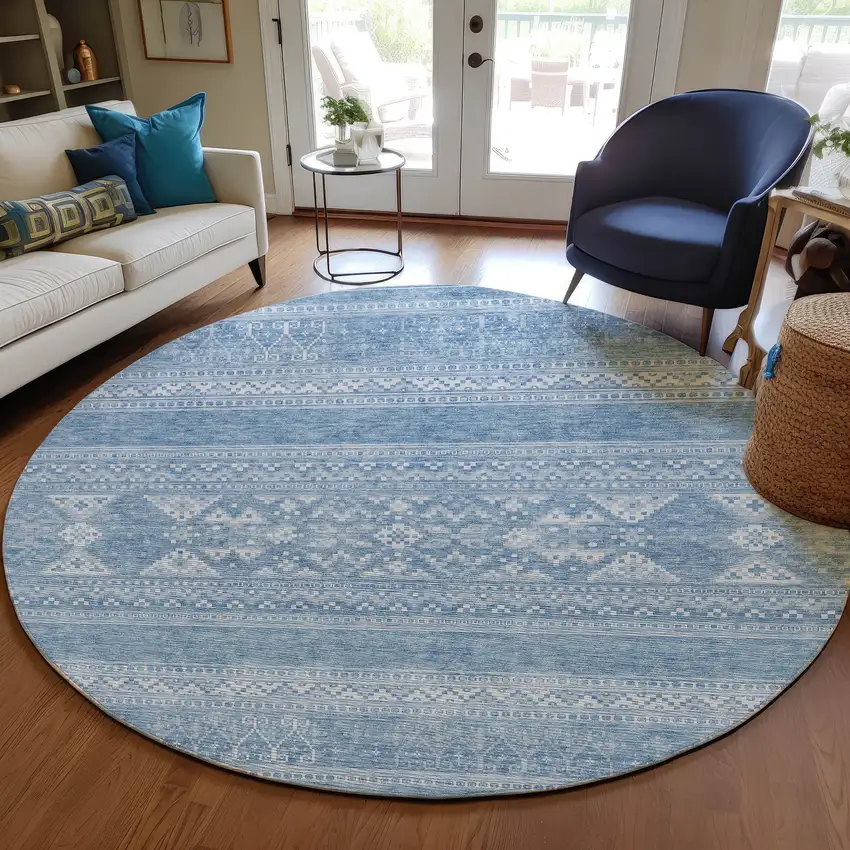 8' Sky Blue And Ivory Round Southwestern Washable Indoor Outdoor Area Rug Photo 7