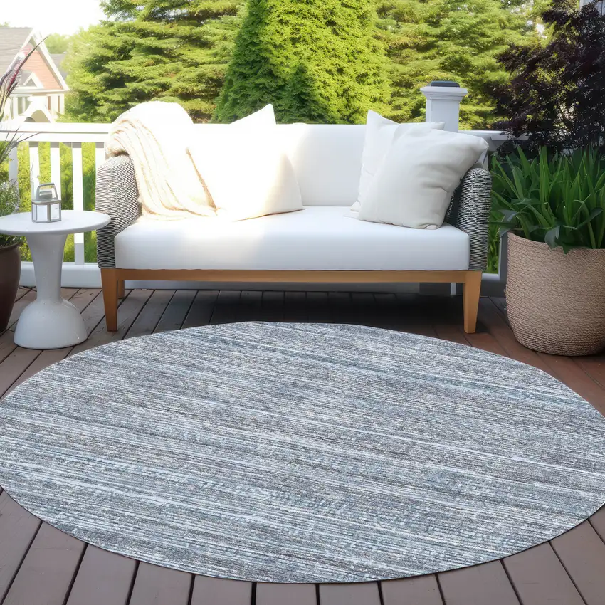 8' Sky Blue And Ivory Round Striped Washable Indoor Outdoor Area Rug Photo 5