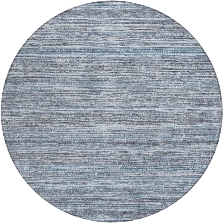 8' Sky Blue And Ivory Round Striped Washable Indoor Outdoor Area Rug Photo 1