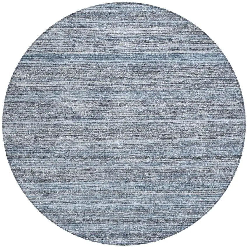8' Sky Blue And Ivory Round Striped Washable Indoor Outdoor Area Rug Photo 3
