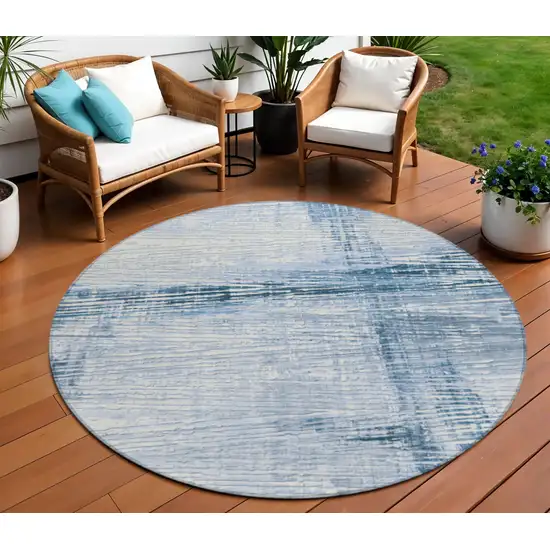 8' Sky Blue And Ivory Round Striped Washable Indoor Outdoor Area Rug Photo 2