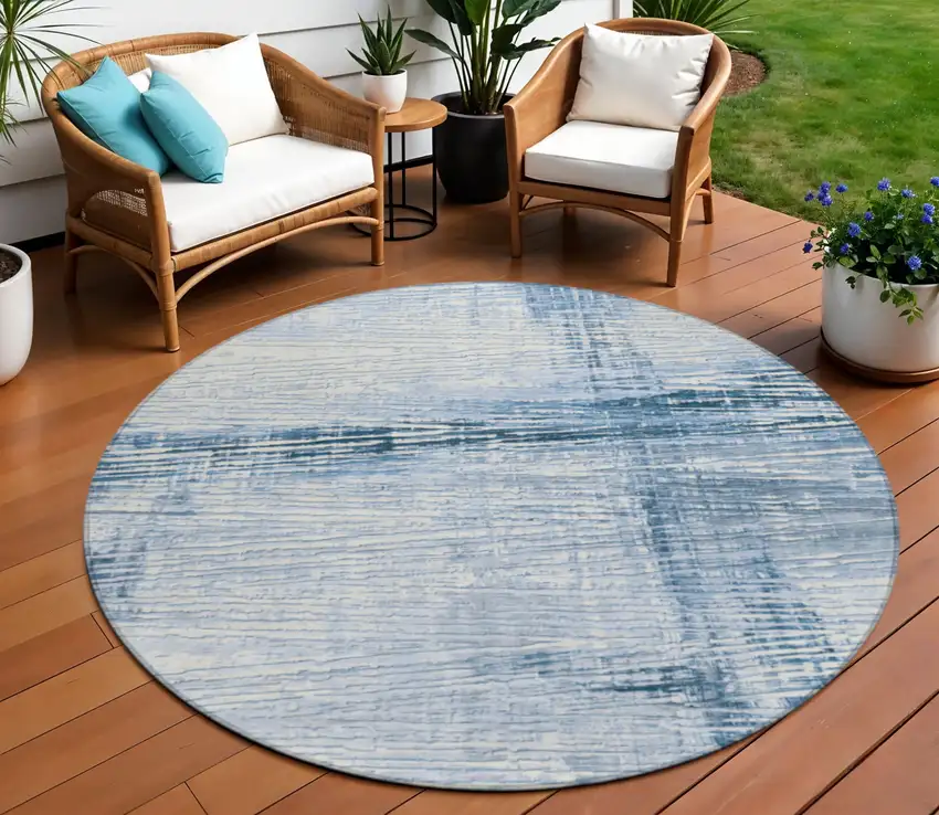 8' Sky Blue And Ivory Round Striped Washable Indoor Outdoor Area Rug Photo 2