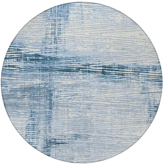 8' Sky Blue And Ivory Round Striped Washable Indoor Outdoor Area Rug Photo 4