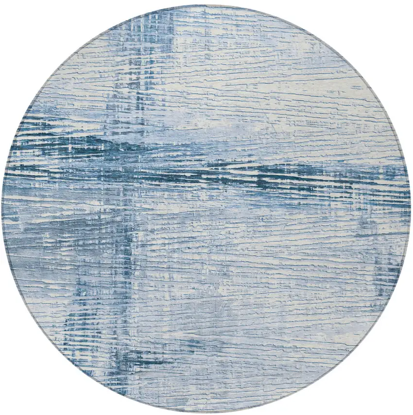 8' Sky Blue And Ivory Round Striped Washable Indoor Outdoor Area Rug Photo 4