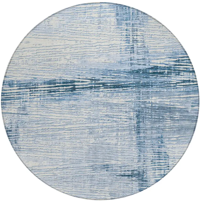 8' Sky Blue And Ivory Round Striped Washable Indoor Outdoor Area Rug Photo 1