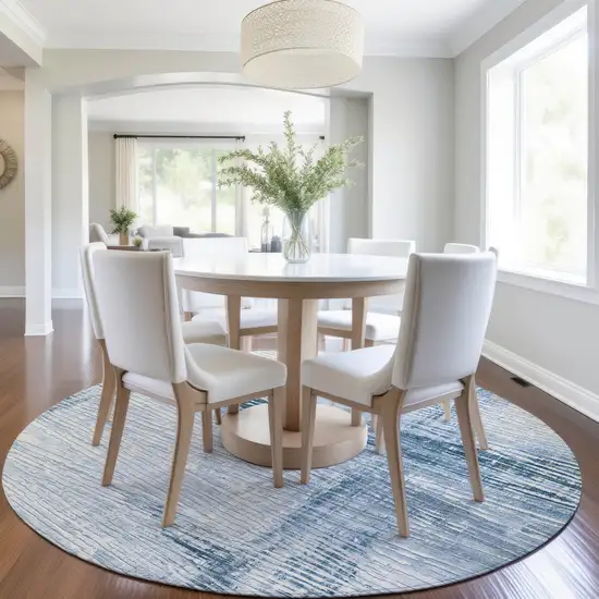 8' Sky Blue And Ivory Round Striped Washable Indoor Outdoor Area Rug Photo 6