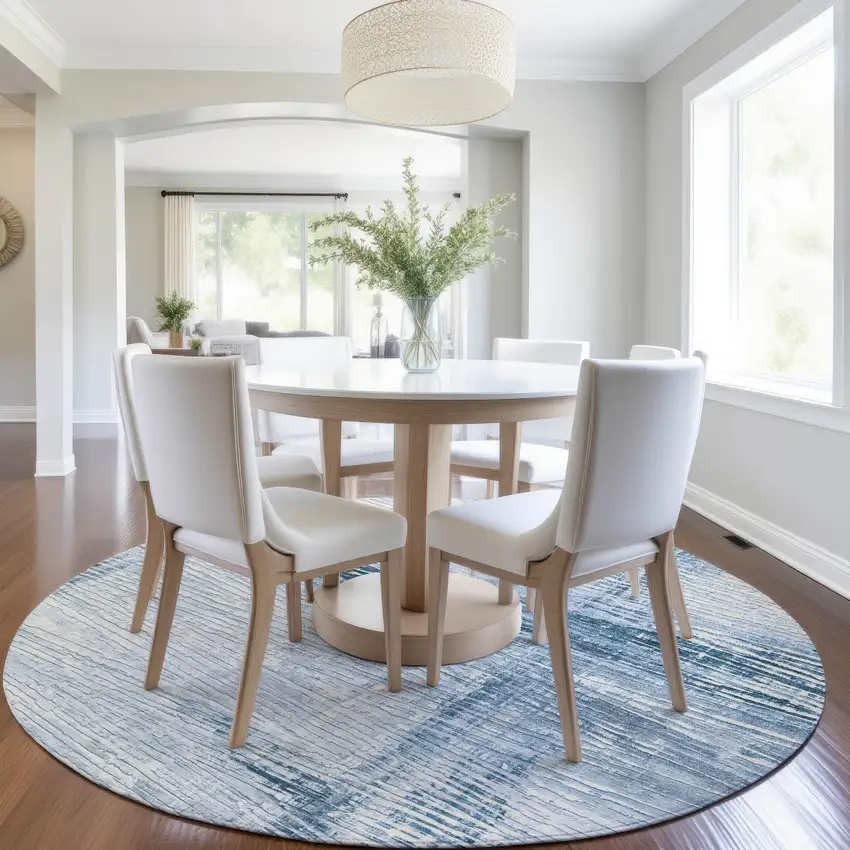 8' Sky Blue And Ivory Round Striped Washable Indoor Outdoor Area Rug Photo 6