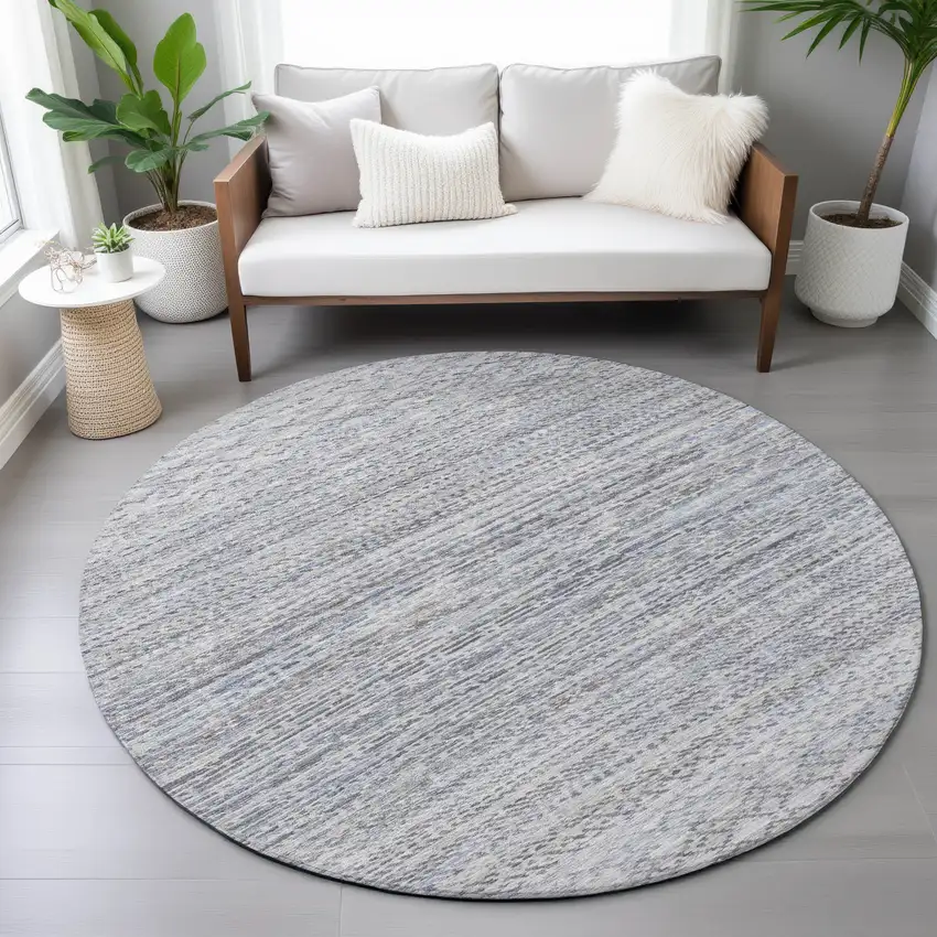 8' Sky Blue And Ivory Round Striped Washable Indoor Outdoor Area Rug Photo 7