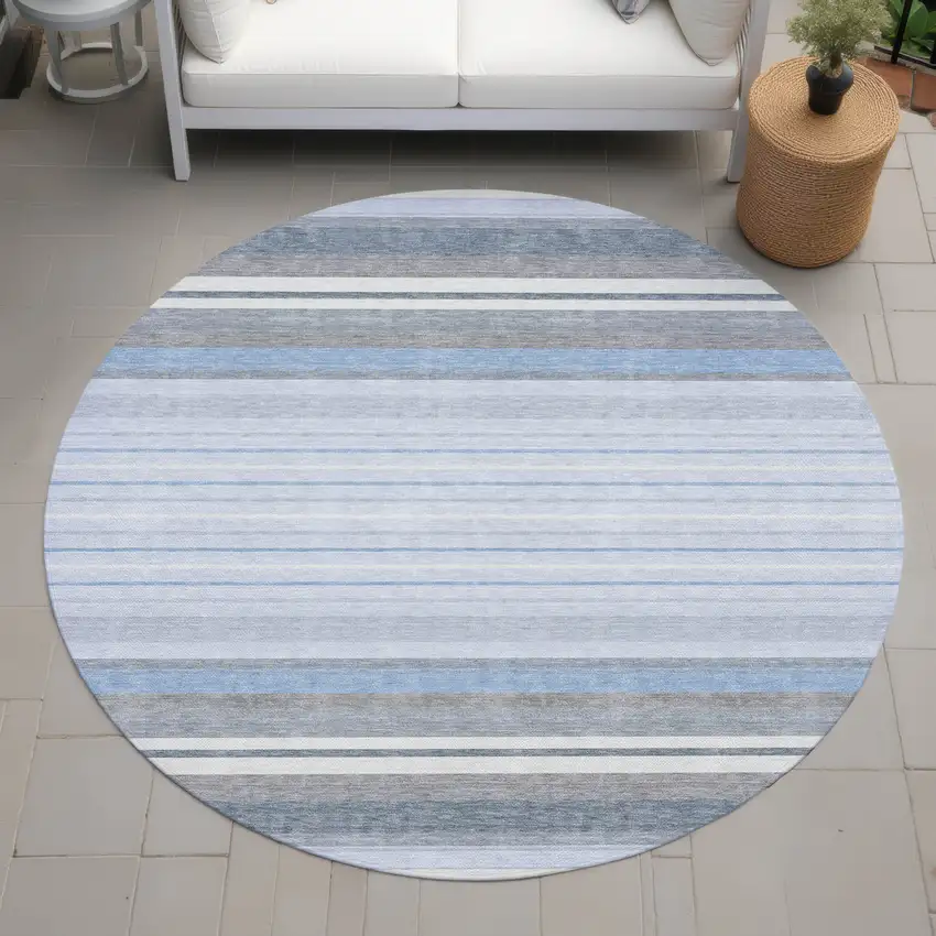 8' Sky Blue And Ivory Round Striped Washable Indoor Outdoor Area Rug Photo 8