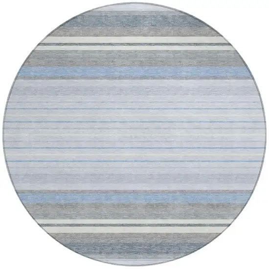 8' Sky Blue And Ivory Round Striped Washable Indoor Outdoor Area Rug Photo 4