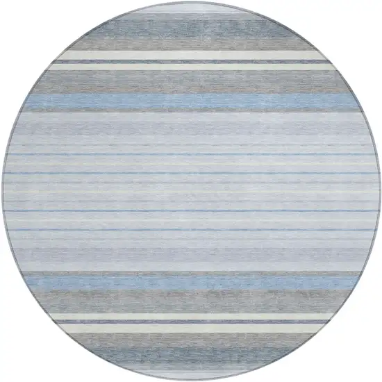 8' Sky Blue And Ivory Round Striped Washable Indoor Outdoor Area Rug Photo 2
