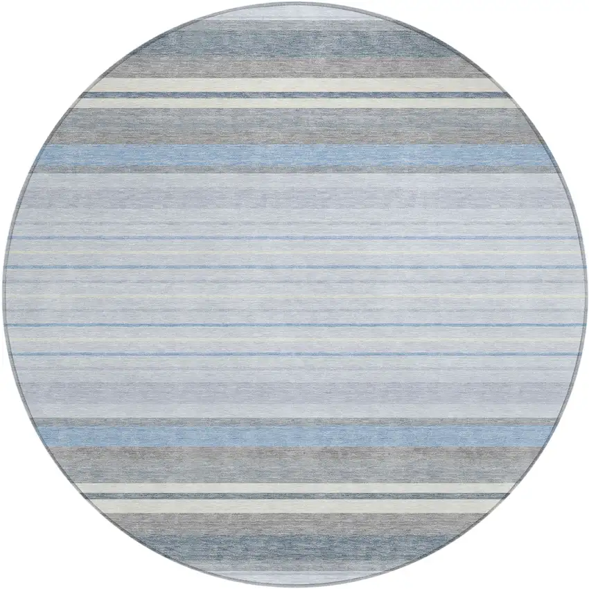 8' Sky Blue And Ivory Round Striped Washable Indoor Outdoor Area Rug Photo 2