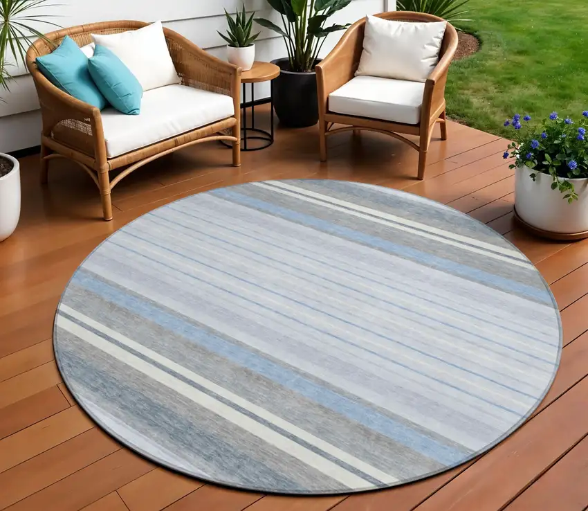 8' Sky Blue And Ivory Round Striped Washable Indoor Outdoor Area Rug Photo 1