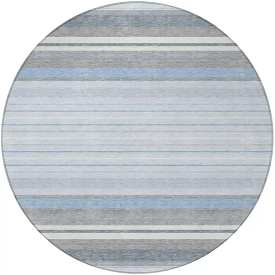 8' Sky Blue And Ivory Round Striped Washable Indoor Outdoor Area Rug Photo 5