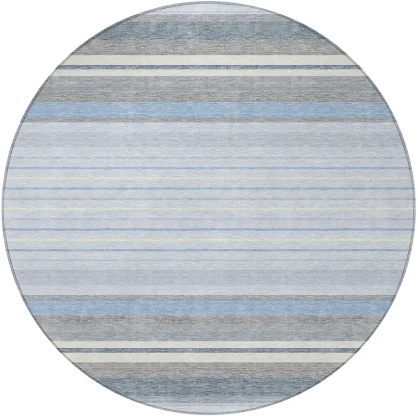 8' Sky Blue And Ivory Round Striped Washable Indoor Outdoor Area Rug Photo 5