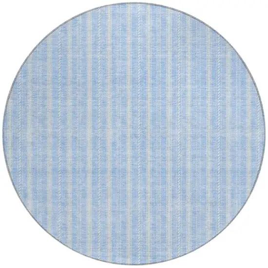 8' Sky Blue And Ivory Round Striped Washable Indoor Outdoor Area Rug Photo 5