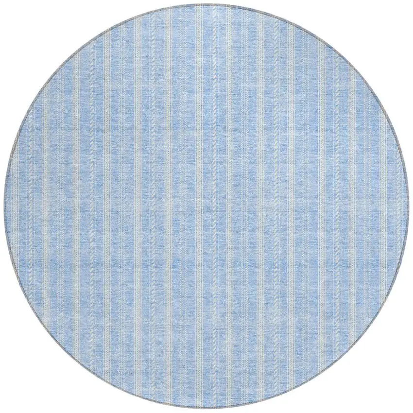 8' Sky Blue And Ivory Round Striped Washable Indoor Outdoor Area Rug Photo 5