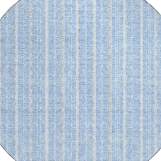 8' Sky Blue And Ivory Round Striped Washable Indoor Outdoor Area Rug Photo 4