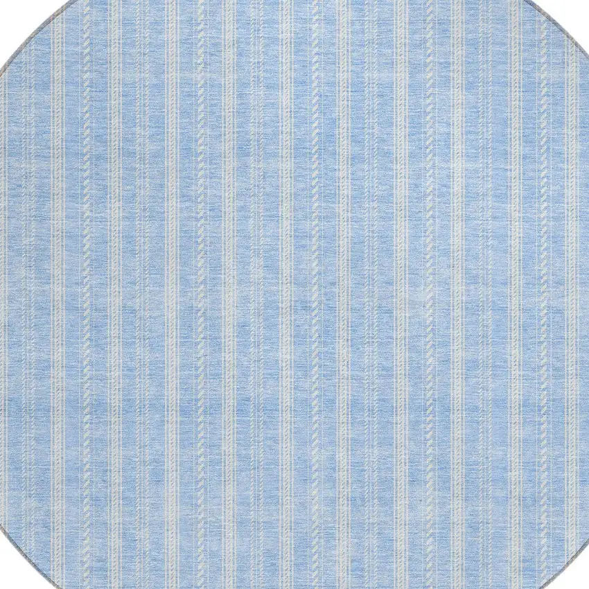 8' Sky Blue And Ivory Round Striped Washable Indoor Outdoor Area Rug Photo 4