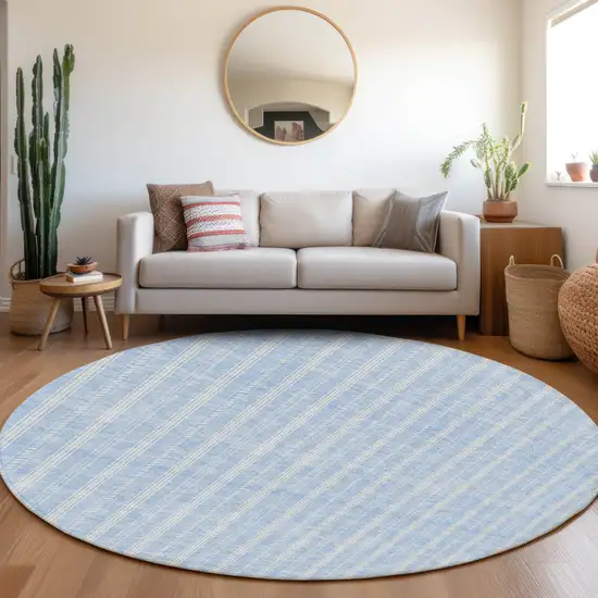 8' Sky Blue And Ivory Round Striped Washable Indoor Outdoor Area Rug Photo 7