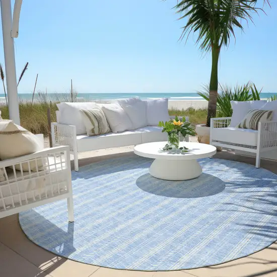8' Sky Blue And Ivory Round Striped Washable Indoor Outdoor Area Rug Photo 6