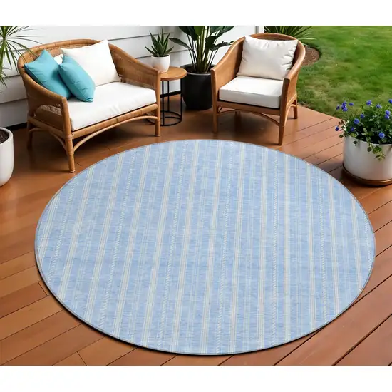 8' Sky Blue And Ivory Round Striped Washable Indoor Outdoor Area Rug Photo 1