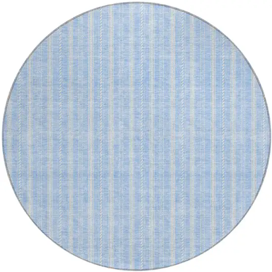 8' Sky Blue And Ivory Round Striped Washable Indoor Outdoor Area Rug Photo 2