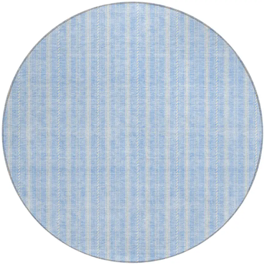 8' Sky Blue And Ivory Round Striped Washable Indoor Outdoor Area Rug Photo 2