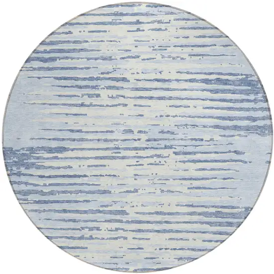 8' Sky Blue And Ivory Round Striped Washable Indoor Outdoor Area Rug Photo 2
