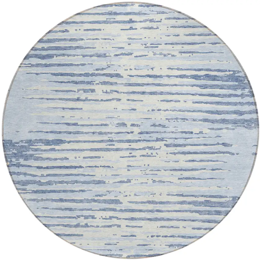 8' Sky Blue And Ivory Round Striped Washable Indoor Outdoor Area Rug Photo 2