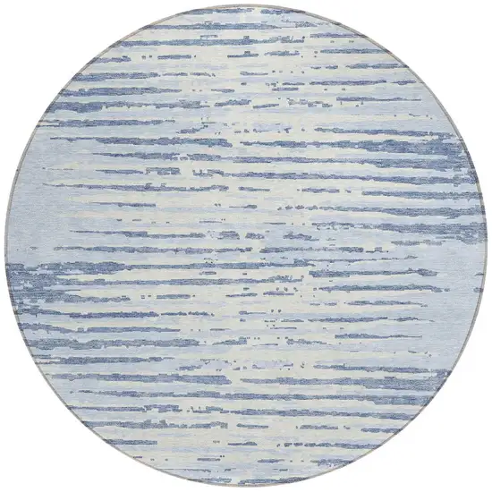 8' Sky Blue And Ivory Round Striped Washable Indoor Outdoor Area Rug Photo 5