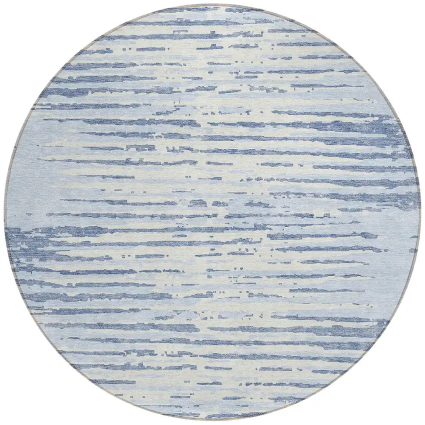 8' Sky Blue And Ivory Round Striped Washable Indoor Outdoor Area Rug Photo 5