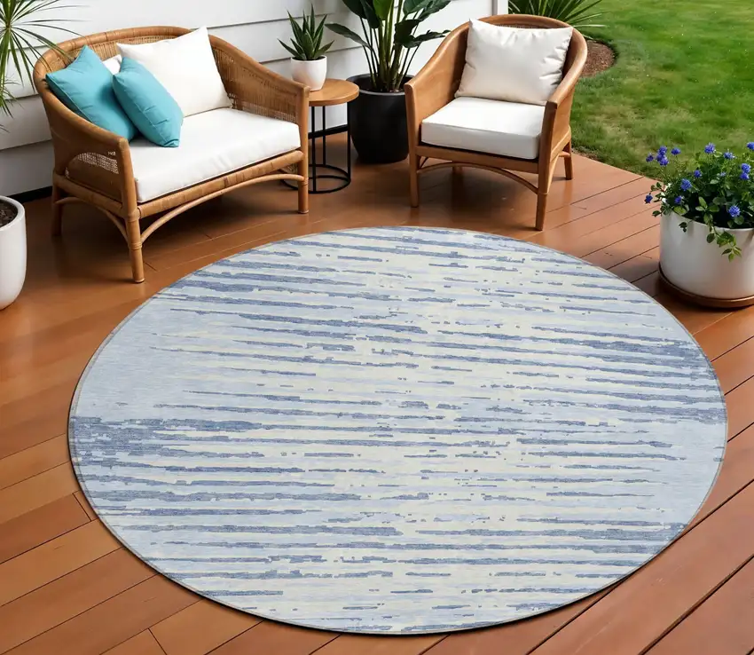 8' Sky Blue And Ivory Round Striped Washable Indoor Outdoor Area Rug Photo 1