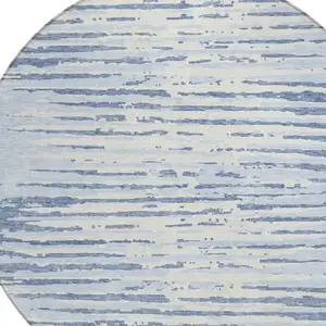 Photo of 8' Sky Blue And Ivory Round Striped Washable Indoor Outdoor Area Rug