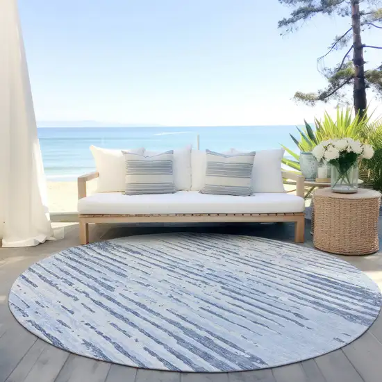 8' Sky Blue And Ivory Round Striped Washable Indoor Outdoor Area Rug Photo 6